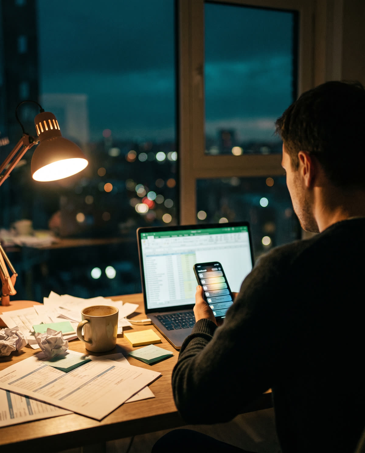 Pessoa da agência à noite, de costas, conferindo a planilha no notebook com o celular cheio de notificações