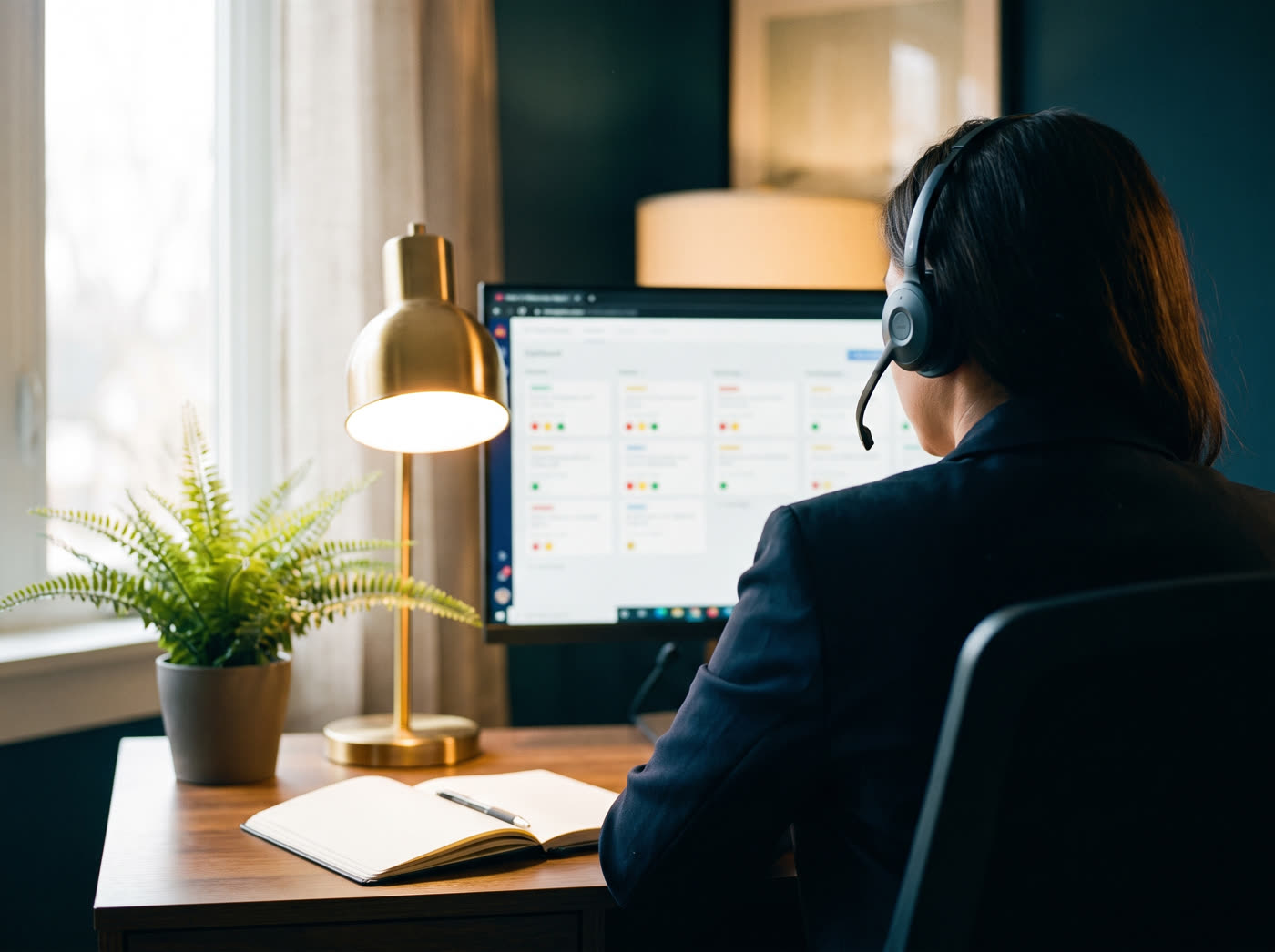 Atendente com headset, de costas, diante do monitor com a fila de chamados