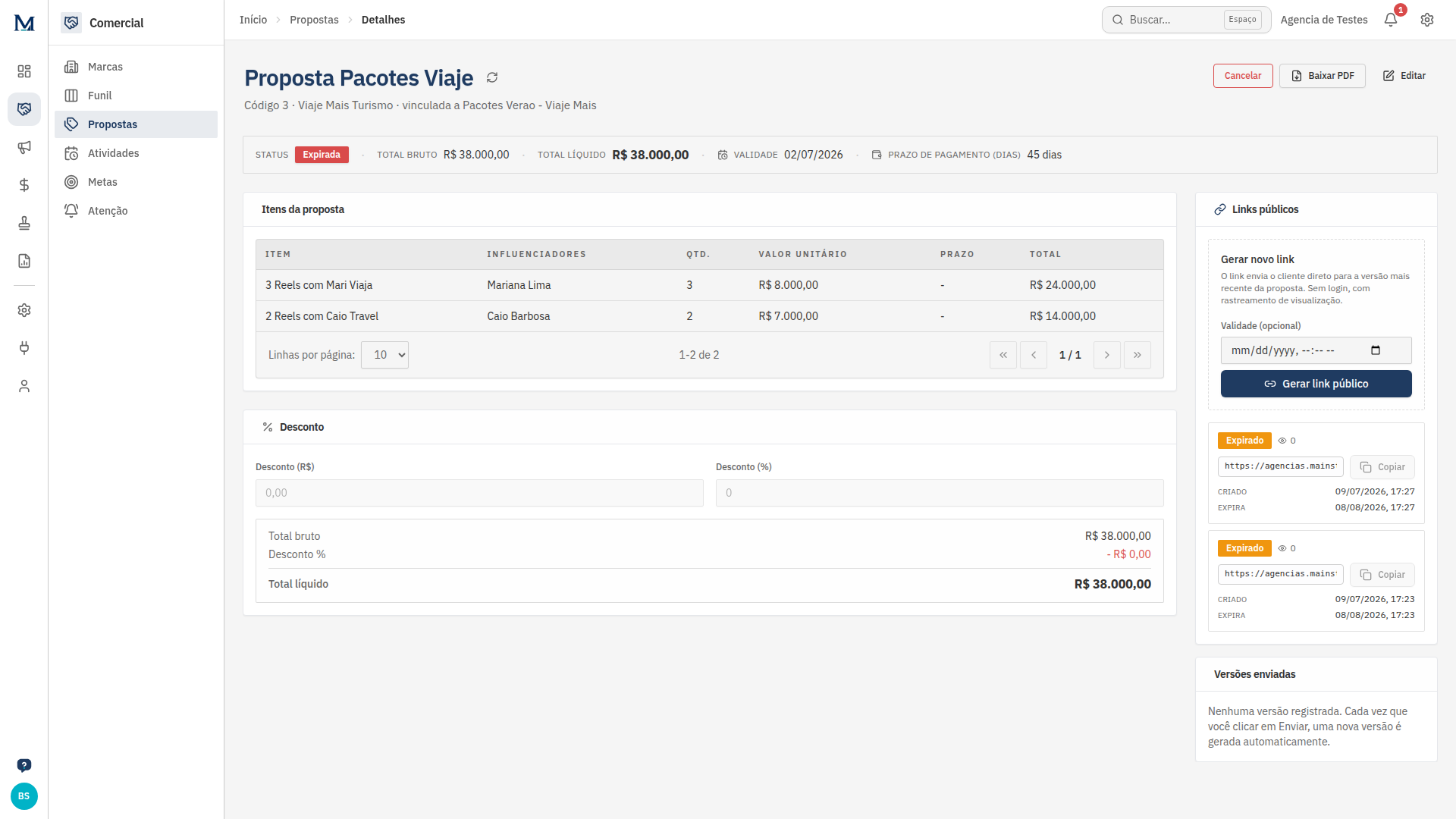 Proposta com itens, desconto e link público para a marca