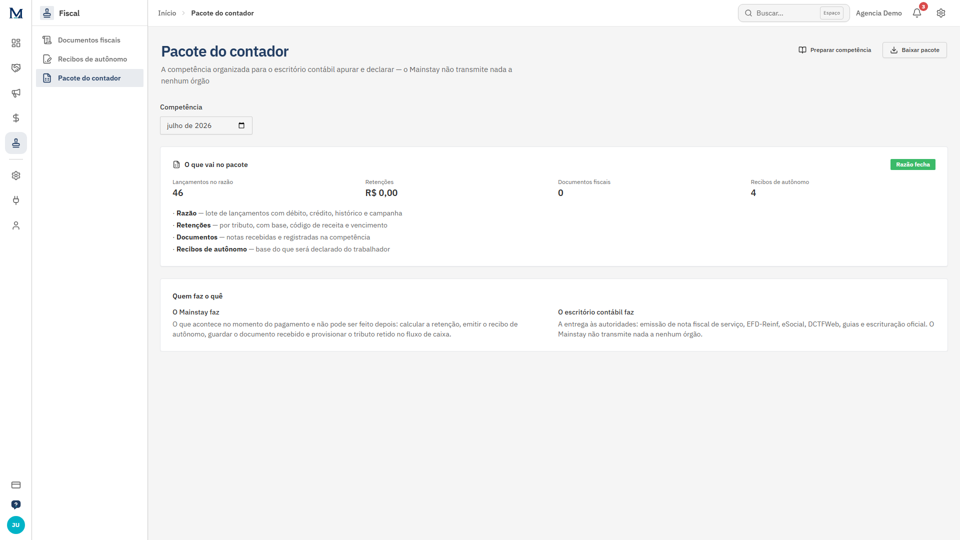 Competência organizada para o contador: razão, retenções, documentos e recibos