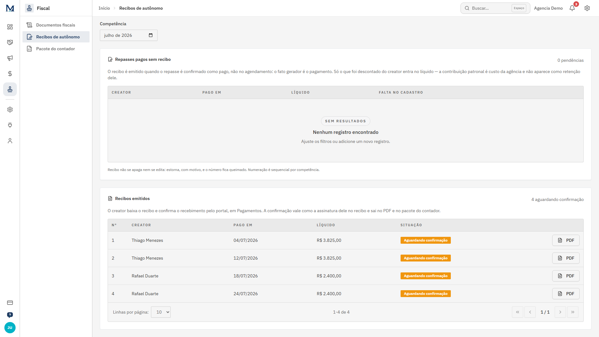 Recibos de autônomo emitidos no pagamento, com confirmação do creator pelo portal